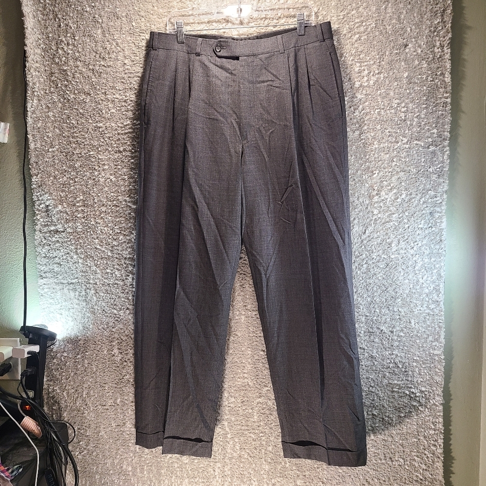 Brooks Brothers Brooksease Gray Dress Pants 100% Wool Cuffed Pleated 34X29 READ